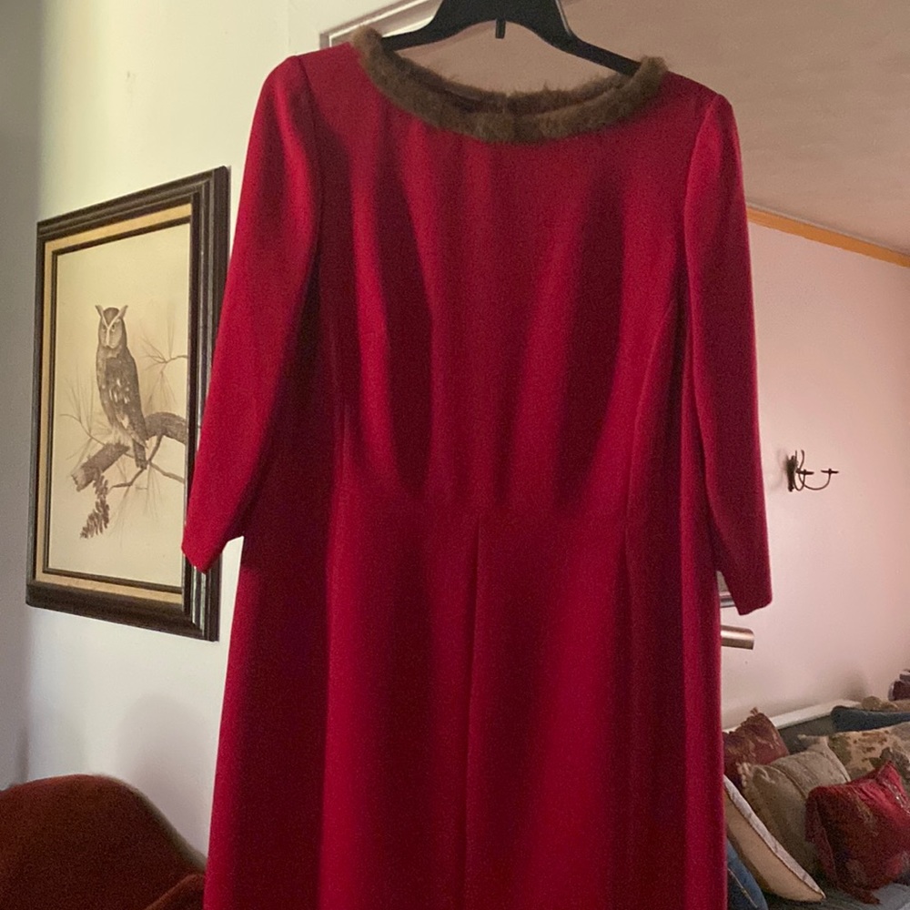 NWOT- Cynthia Howie Wool Crepe dress with Mink collar